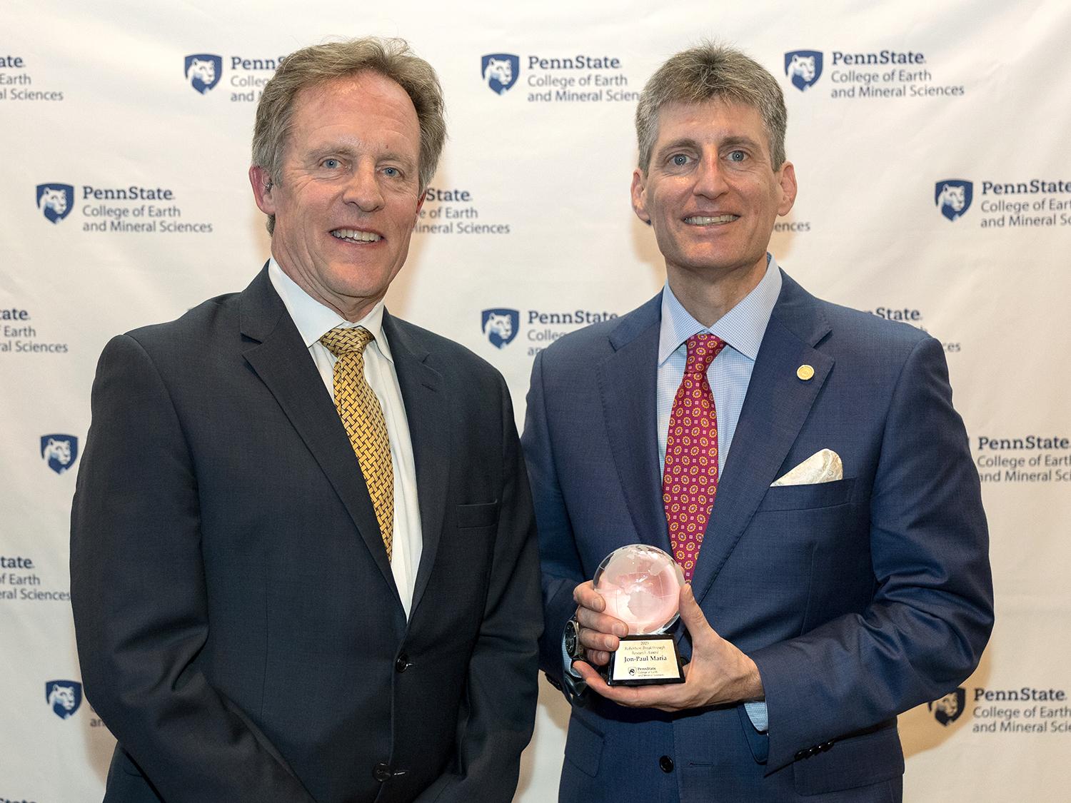 Lee Kump (left), the John Leone Dean in the College of Earth and Mineral Sciences, and Jon-Paul Maria, professor of materials science and engineering, at the Wilson Awards.