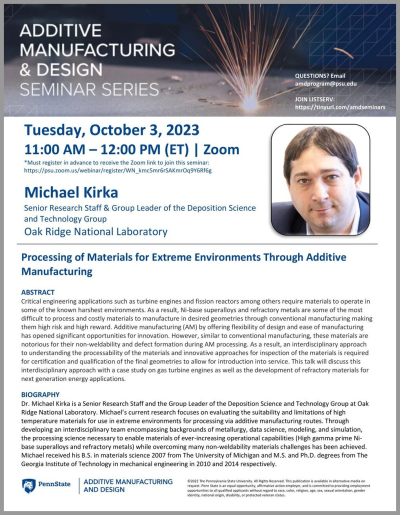 Additive Manufacturing & Design Seminar Series - Michael Kirka, Oak Ridge National Laboratory