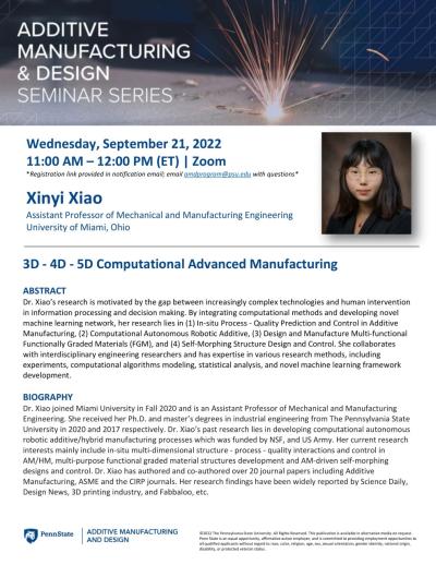  Save the Date | Fall 2022 Additive Manufacturing & Design Seminar Series, September 7 - December 7