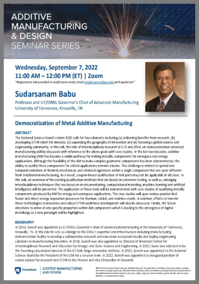 Save the Date | Fall 2022 Additive Manufacturing & Design Seminar Series, September 7