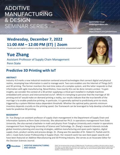 Yue Zhang | Fall 2022 Additive Manufacturing & Design Seminar Series