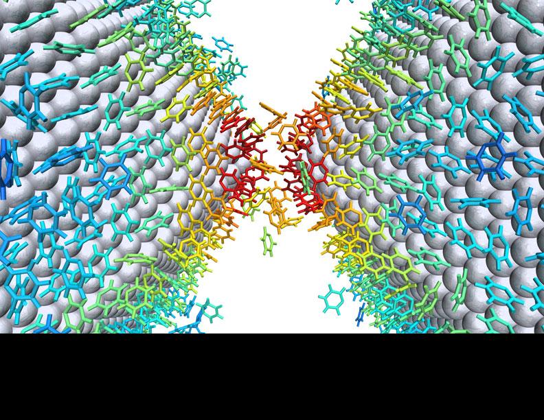 Pyridine molecules in a silver nano-junction, color-coded by their Ramanenhancement factors from weak (blue) to strong (red) enh